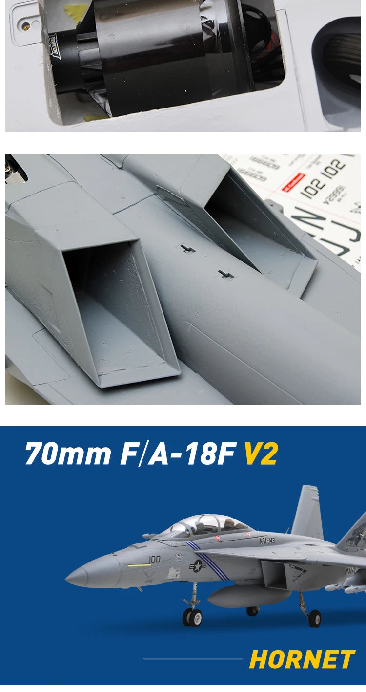 FMSRC RC Airplane 70mm F18 F/A-18F Super Hornet V2 Ducted Fan EDF Jet Scale Model Plane Aircraft PNP 6S 6CH with Retracts Flaps