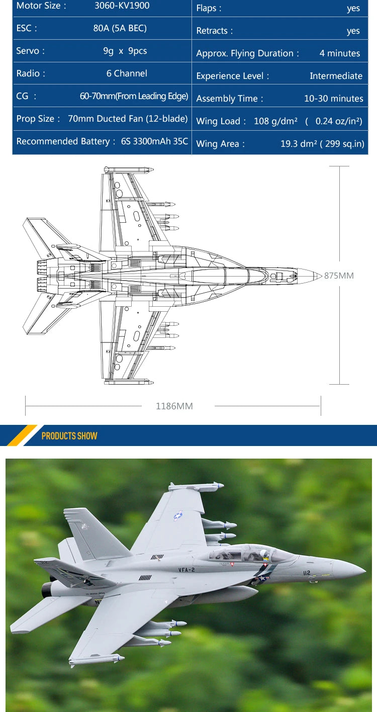 FMSRC RC Airplane 70mm F18 F/A-18F Super Hornet V2 Ducted Fan EDF Jet Scale Model Plane Aircraft PNP 6S 6CH with Retracts Flaps