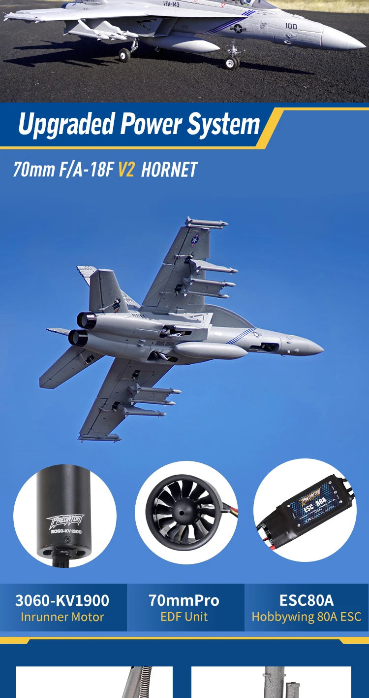 FMSRC RC Airplane 70mm F18 F/A-18F Super Hornet V2 Ducted Fan EDF Jet Scale Model Plane Aircraft PNP 6S 6CH with Retracts Flaps