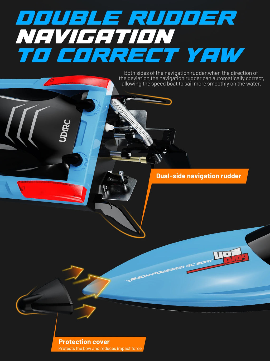 UDIRC High-Speed RC Racing Boat UDI025 Brushless Motor Self-Righting & Waterproof Hull for Lake, Pool, Outdoor Water Funll