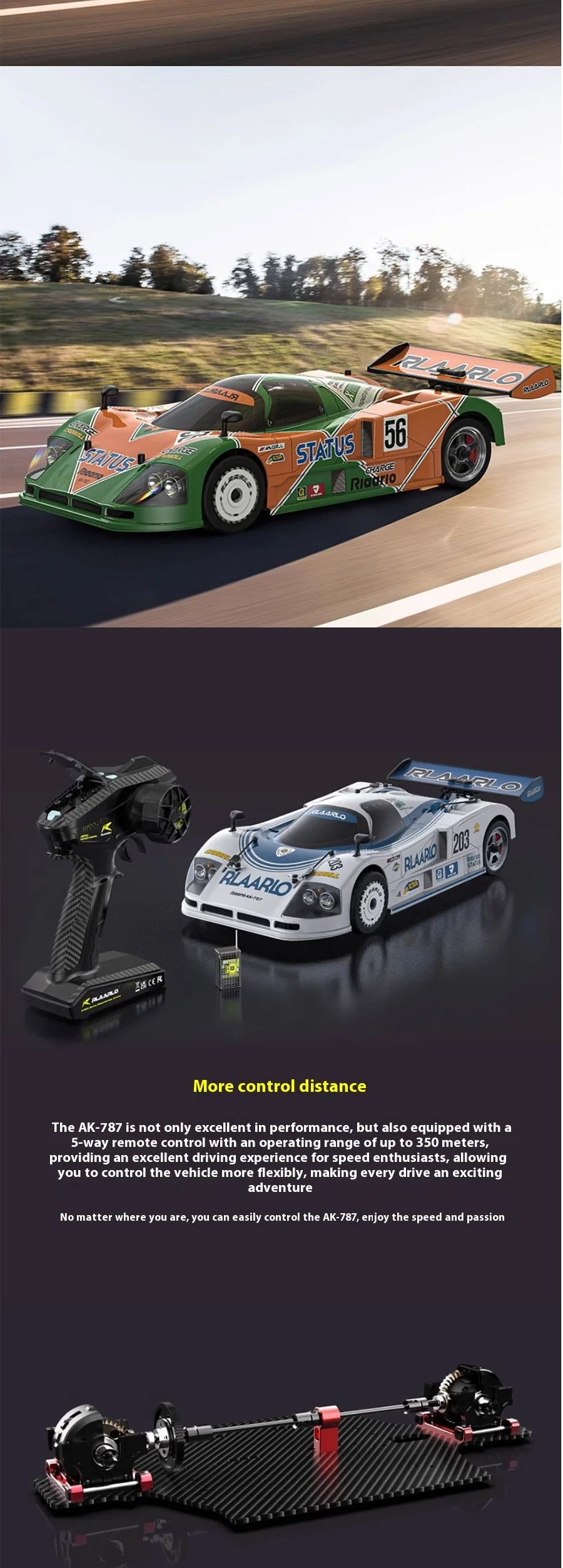 RLAARLO RC Cars AK-787 Flat Sports Car 1:10 Carbon Fiber Brushless Electric Professional Speed Racing Simulation Model Car Gift