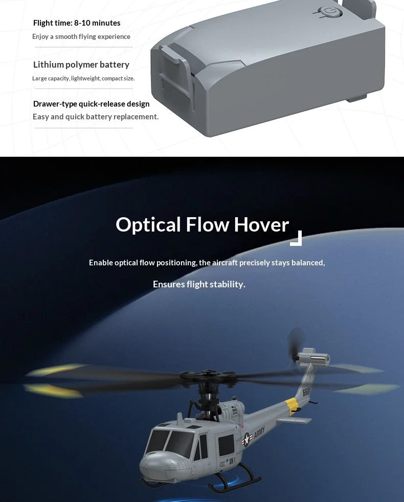 RC UH-1 Huey Helicopter, 4-Channel, Optical Flow Positioning, Altitude Hold, Easy One-Key Flight for Beginners