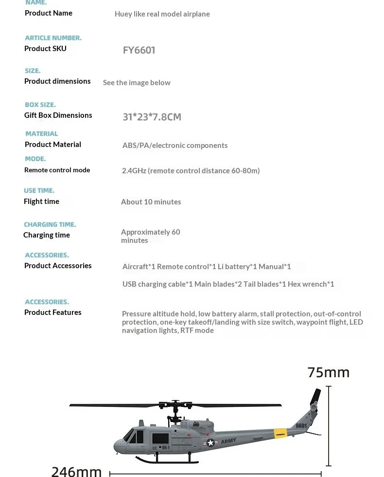 RC UH-1 Huey Helicopter, 4-Channel, Optical Flow Positioning, Altitude Hold, Easy One-Key Flight for Beginners
