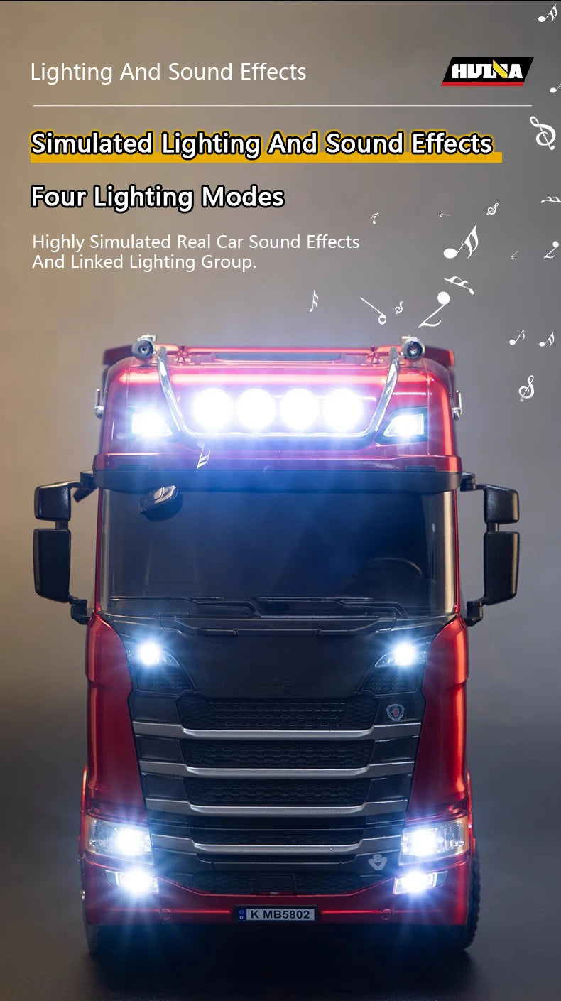HUINA 1/18 19CH RC Truck 1501 770S Scania Alloy Tractor 2.4G Remote Control Engineering Trailer Truck with Light and Sound Toys