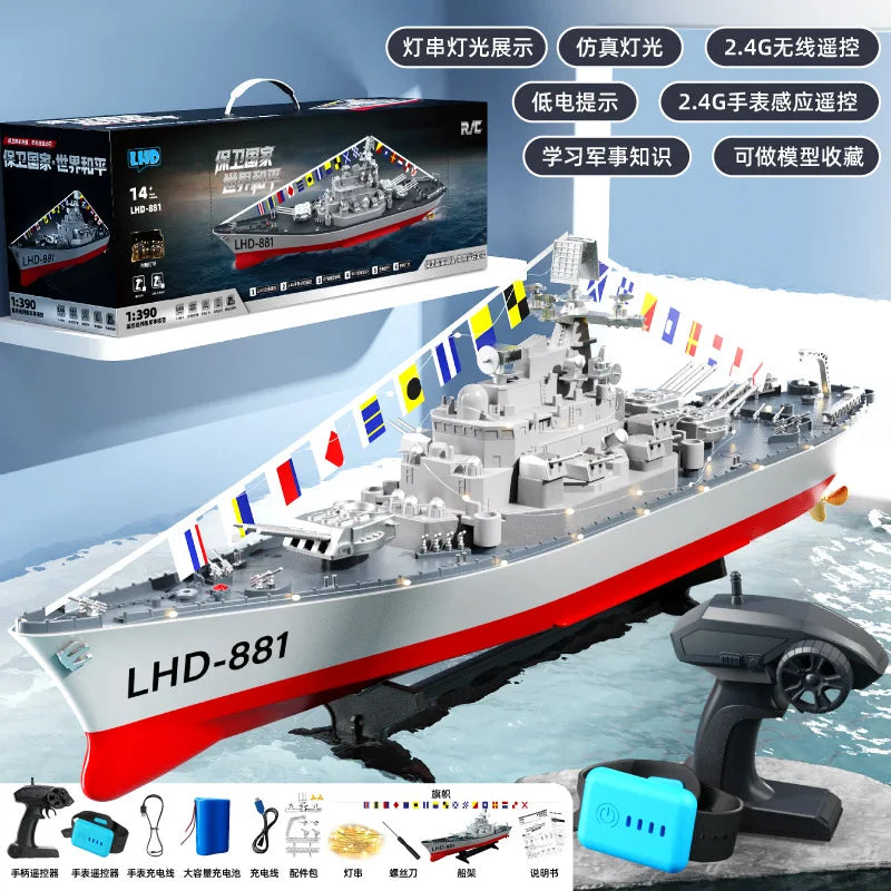 23.6inch 1:390 Scale Remote Control Battleship Warship Boats Large Rc Ship Electric Simulation Battle Military Game Toy Boys Gif