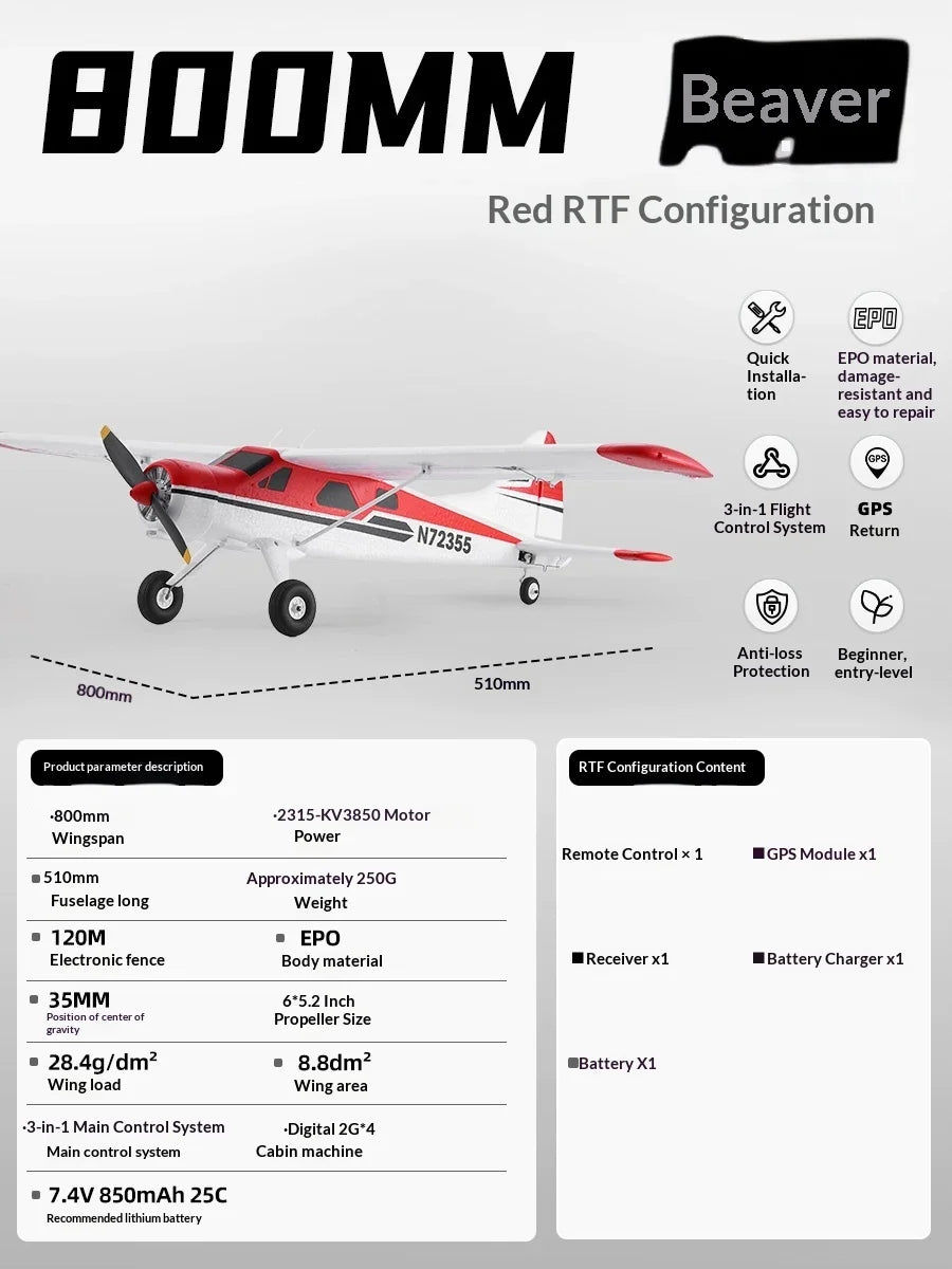 FMS 800mm Wingspan Beaver RC Fixed Wing Airplane Electric Assembly Remote Control Aircraft For Beginners Entry Level Model Plane