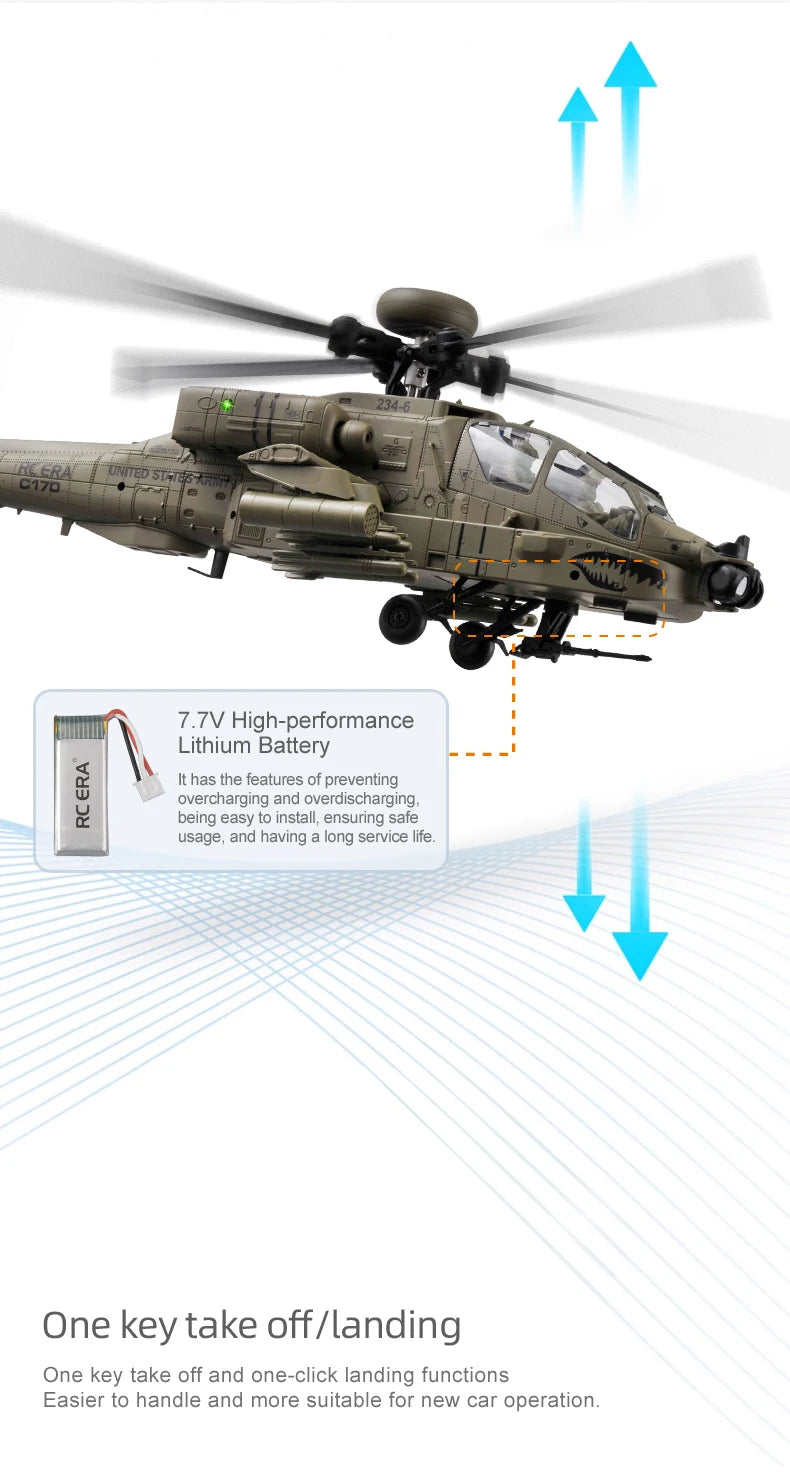 RC Helicopter C170 1:48 RC ERA Apache Remote Control Armed Helicopter Optical Flow Positioning 6CH Brushless Aircraft Model Toy