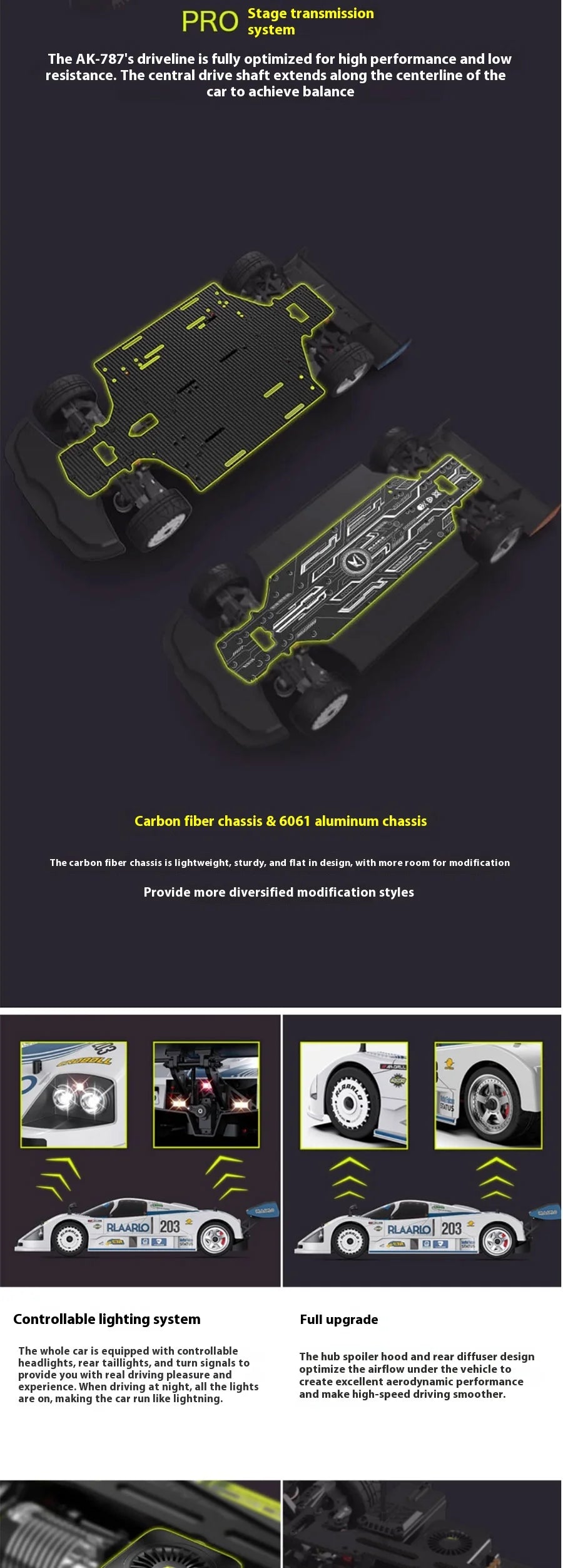 RLAARLO RC Cars AK-787 Flat Sports Car 1:10 Carbon Fiber Brushless Electric Professional Speed Racing Simulation Model Car Gift