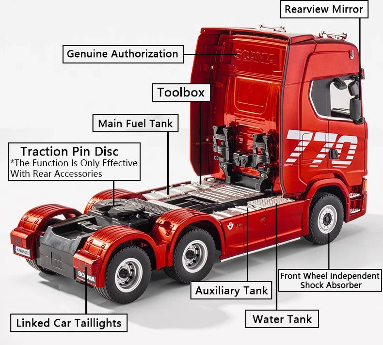 HUINA 1/18 19CH RC Truck 1501 770S Scania Alloy Tractor 2.4G Remote Control Engineering Trailer Truck with Light and Sound Toys