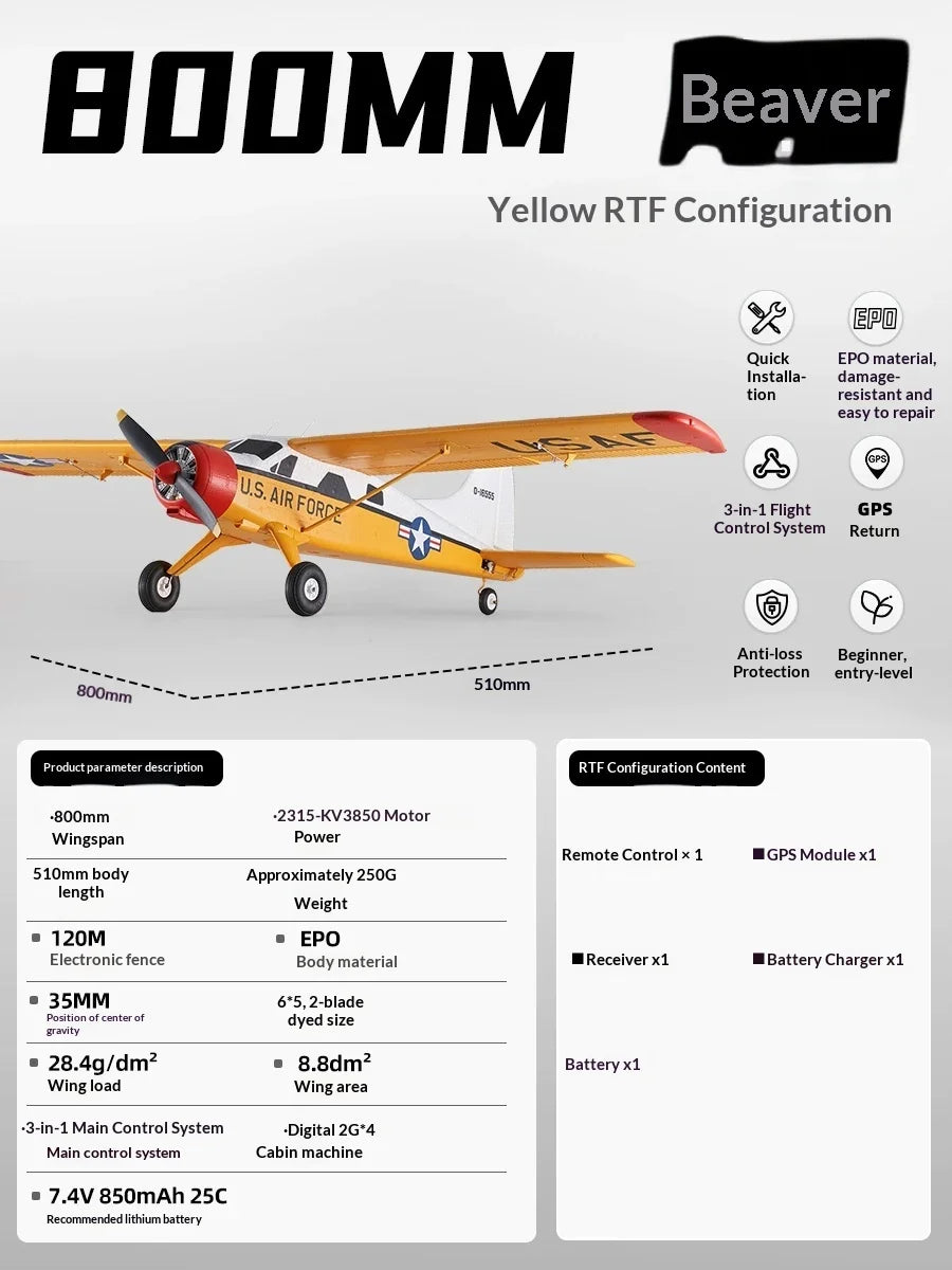 FMS 800mm Wingspan Beaver RC Fixed Wing Airplane Electric Assembly Remote Control Aircraft For Beginners Entry Level Model Plane