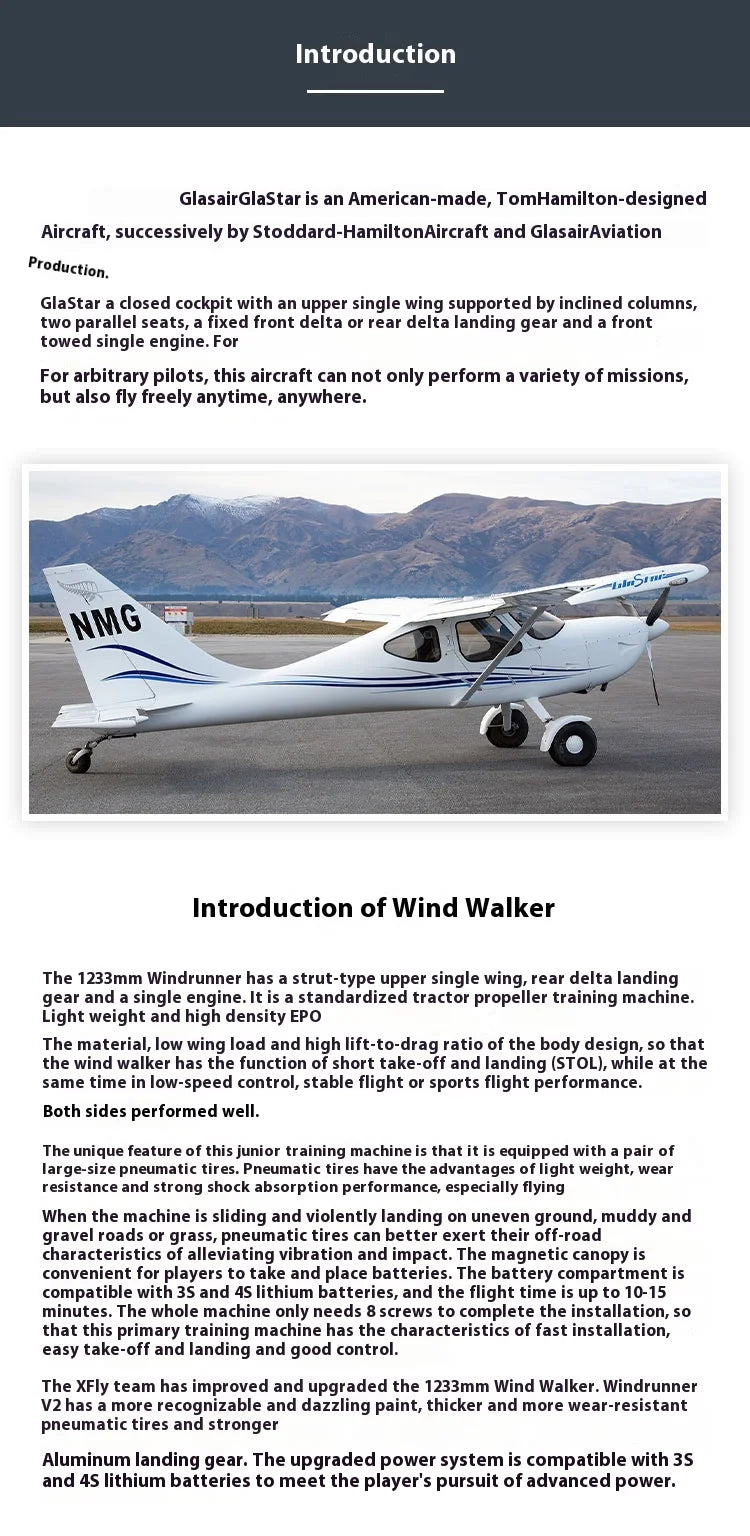 Xfly 1233mm Windwalker Electric RC Plane - Assembled Fixed Wing Single Wing Remote Control Aircraft for Entry Level Training