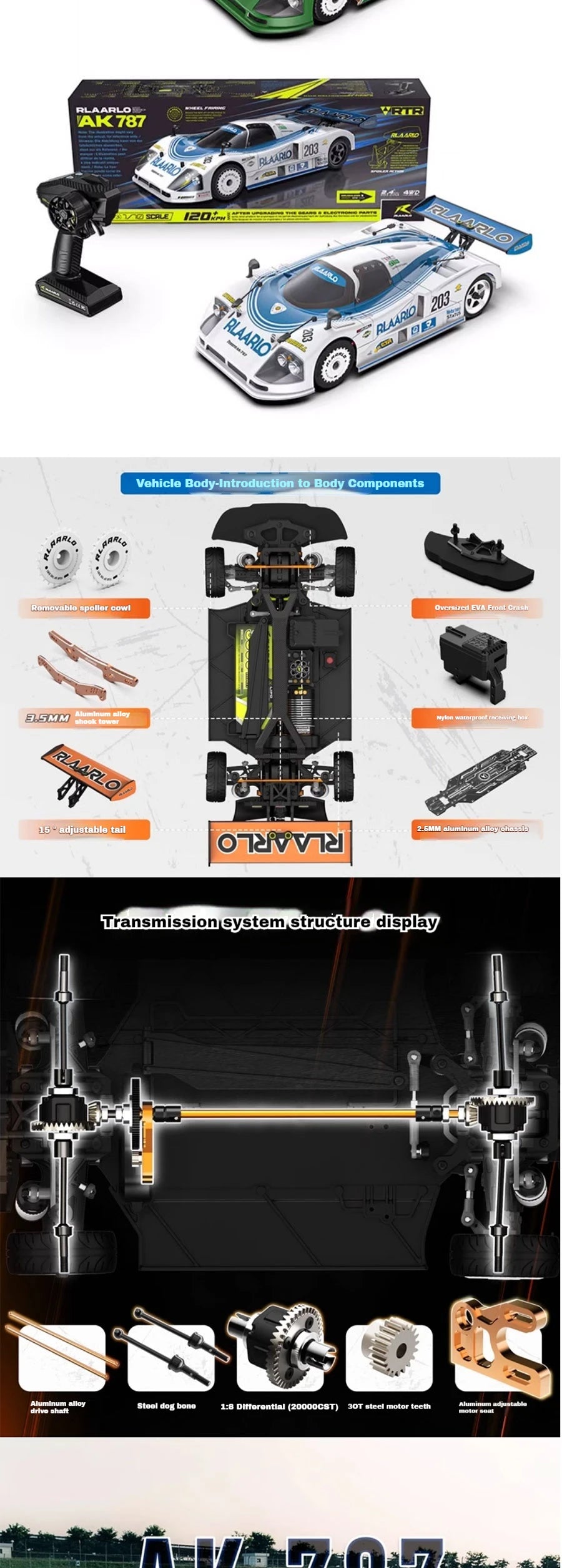 RLAARLO RC Cars AK-787 Flat Sports Car 1:10 Carbon Fiber Brushless Electric Professional Speed Racing Simulation Model Car Gift