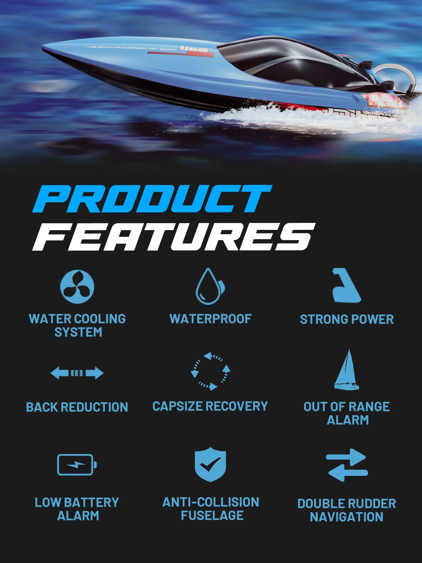 UDIRC High-Speed RC Racing Boat UDI025 Brushless Motor Self-Righting & Waterproof Hull for Lake, Pool, Outdoor Water Funll