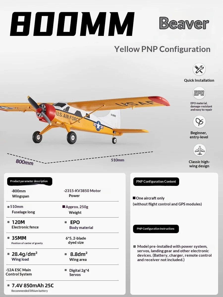 FMS 800mm Wingspan Beaver RC Fixed Wing Airplane Electric Assembly Remote Control Aircraft For Beginners Entry Level Model Plane