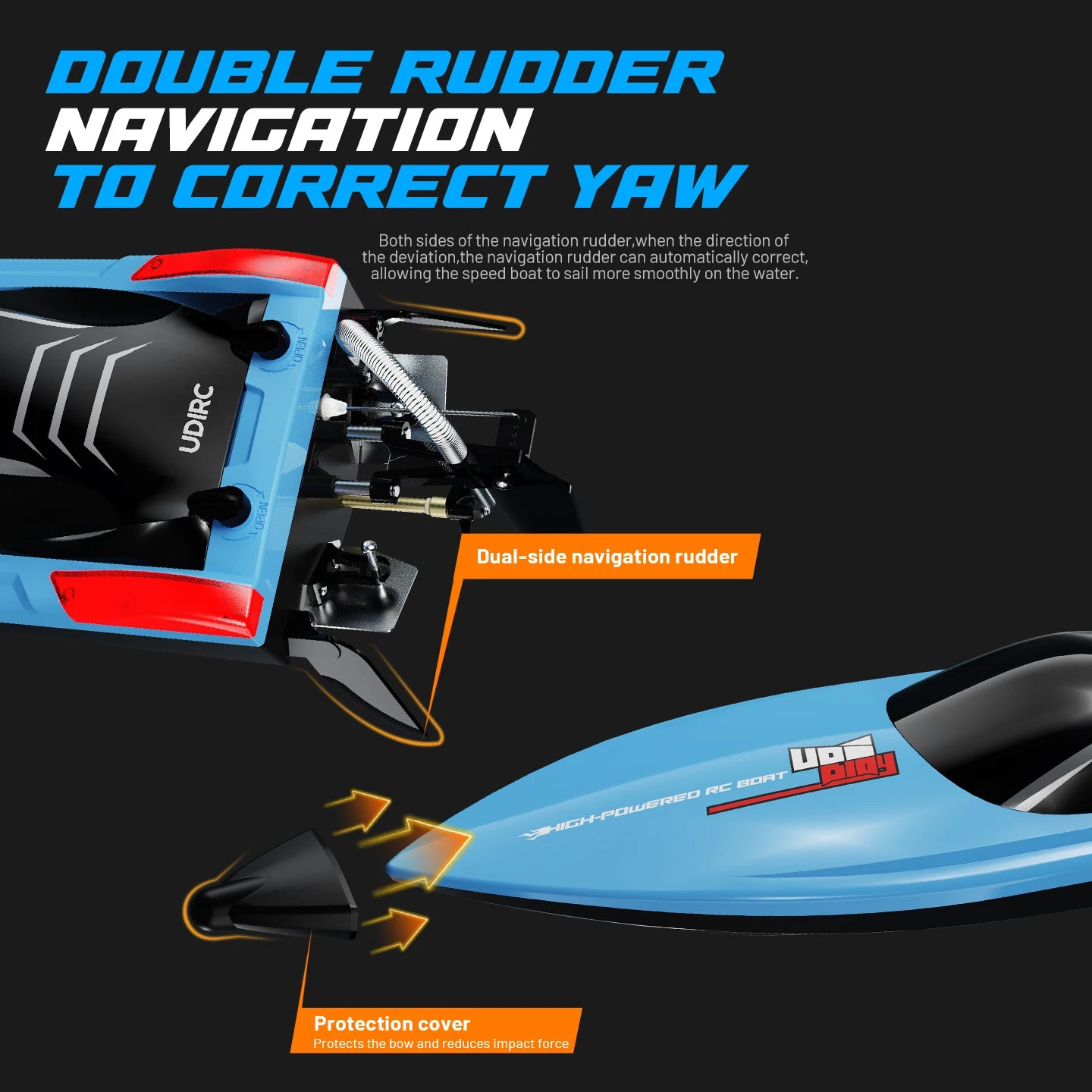 UDIRC High-Speed RC Racing Boat UDI025 Brushless Motor Self-Righting & Waterproof Hull for Lake, Pool, Outdoor Water Funll