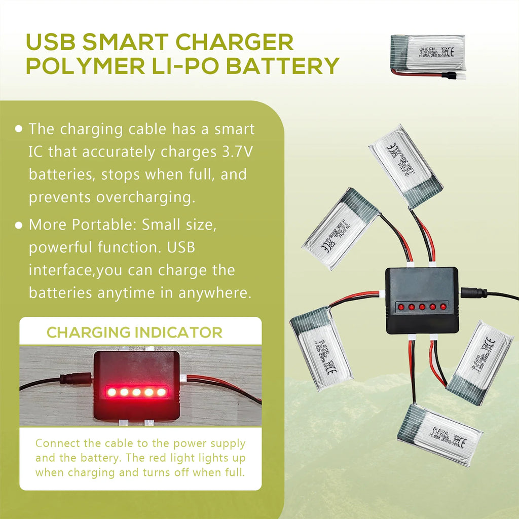 5Pcs 3.7V 500mAh LiPo Batteries with five-port USB Charger, Rechargeable Battery Pack for 2.4gHz RC Plane/Drones/Quadcopters