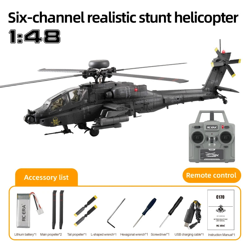 RC Helicopter C170 1:48 RC ERA Apache Remote Control Armed Helicopter Optical Flow Positioning 6CH Brushless Aircraft Model Toy