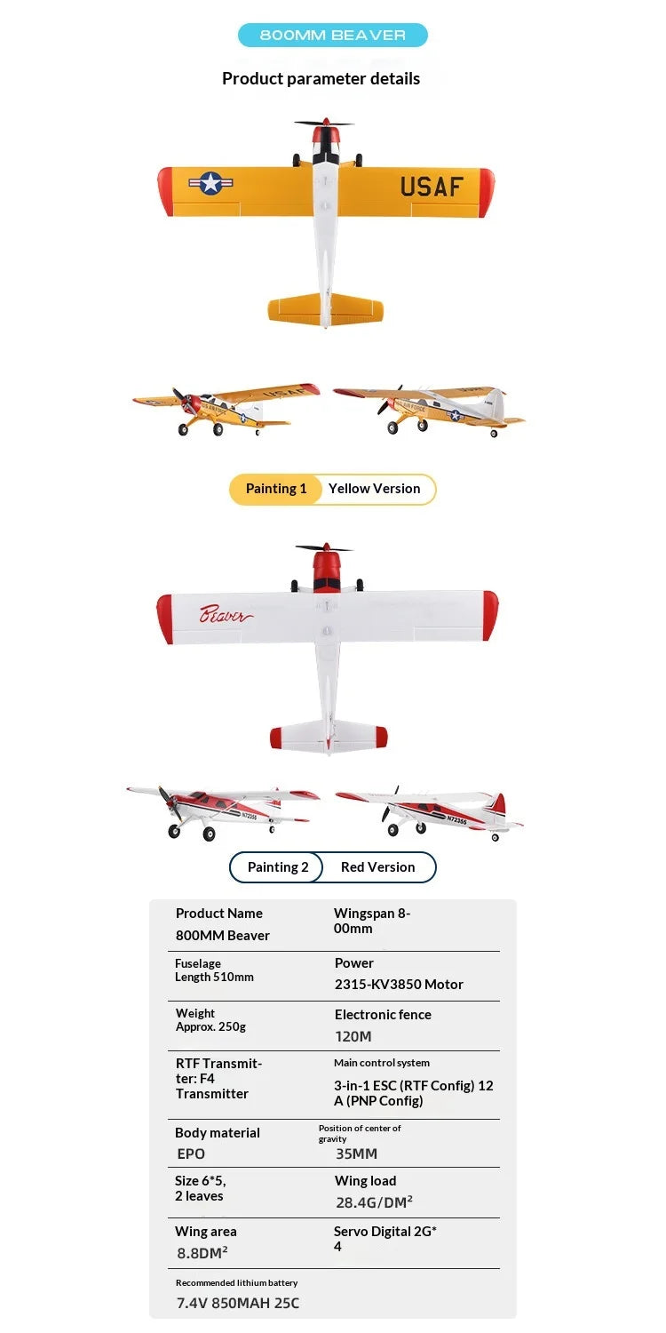 FMS 800mm Wingspan Beaver RC Fixed Wing Airplane Electric Assembly Remote Control Aircraft For Beginners Entry Level Model Plane