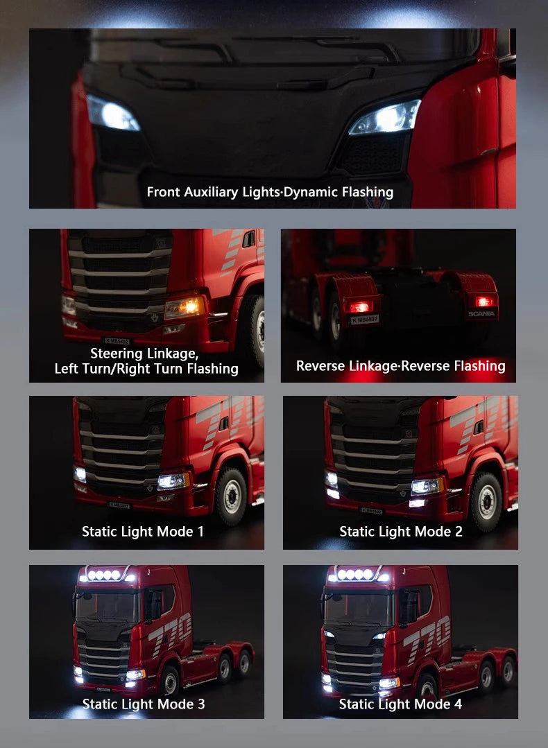 HUINA 1/18 19CH RC Truck 1501 770S Scania Alloy Tractor 2.4G Remote Control Engineering Trailer Truck with Light and Sound Toys