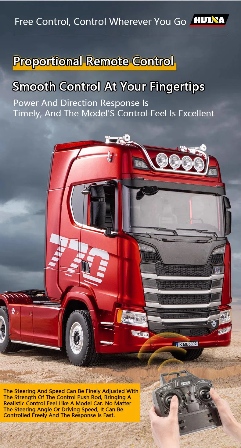 HUINA 1/18 19CH RC Truck 1501 770S Scania Alloy Tractor 2.4G Remote Control Engineering Trailer Truck with Light and Sound Toys