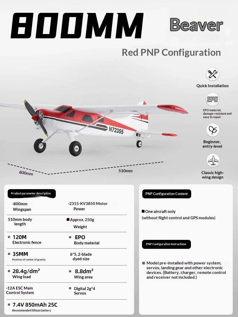 FMS 800mm Wingspan Beaver RC Fixed Wing Airplane Electric Assembly Remote Control Aircraft For Beginners Entry Level Model Plane