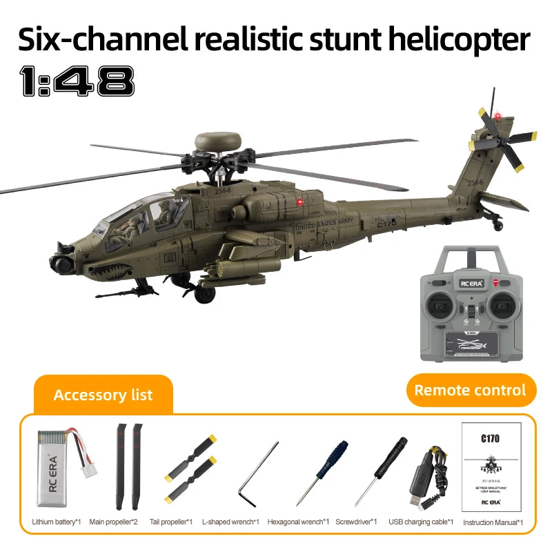 RC Helicopter C170 1:48 RC ERA Apache Remote Control Armed Helicopter Optical Flow Positioning 6CH Brushless Aircraft Model Toy