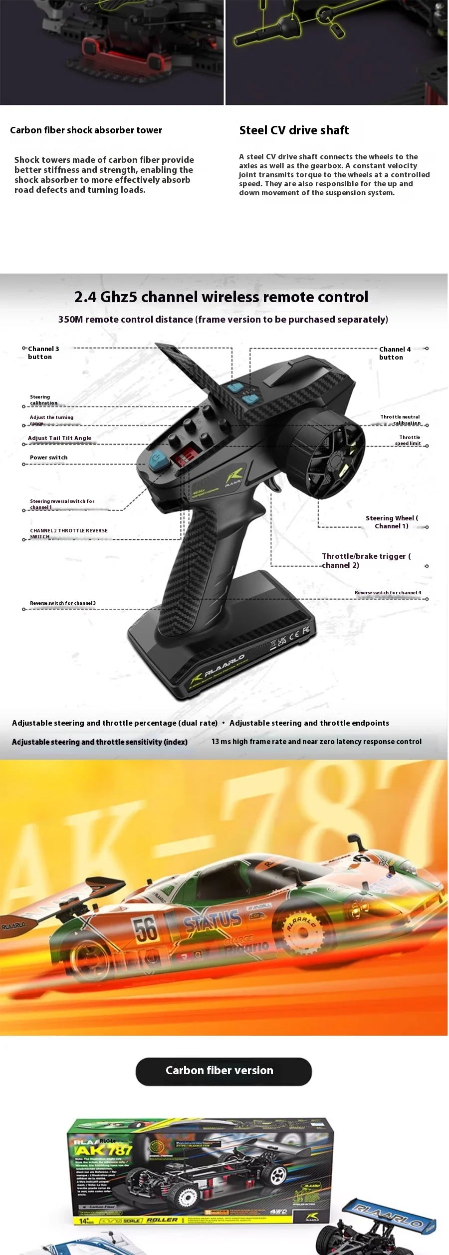 RLAARLO RC Cars AK-787 Flat Sports Car 1:10 Carbon Fiber Brushless Electric Professional Speed Racing Simulation Model Car Gift