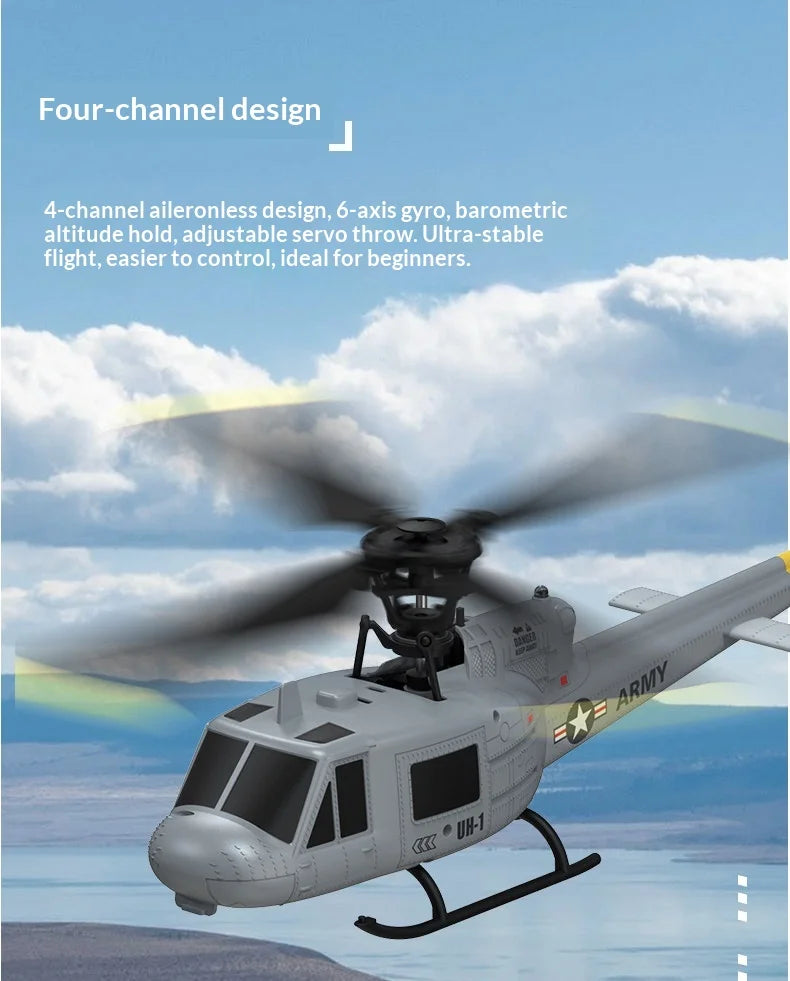 RC UH-1 Huey Helicopter, 4-Channel, Optical Flow Positioning, Altitude Hold, Easy One-Key Flight for Beginners