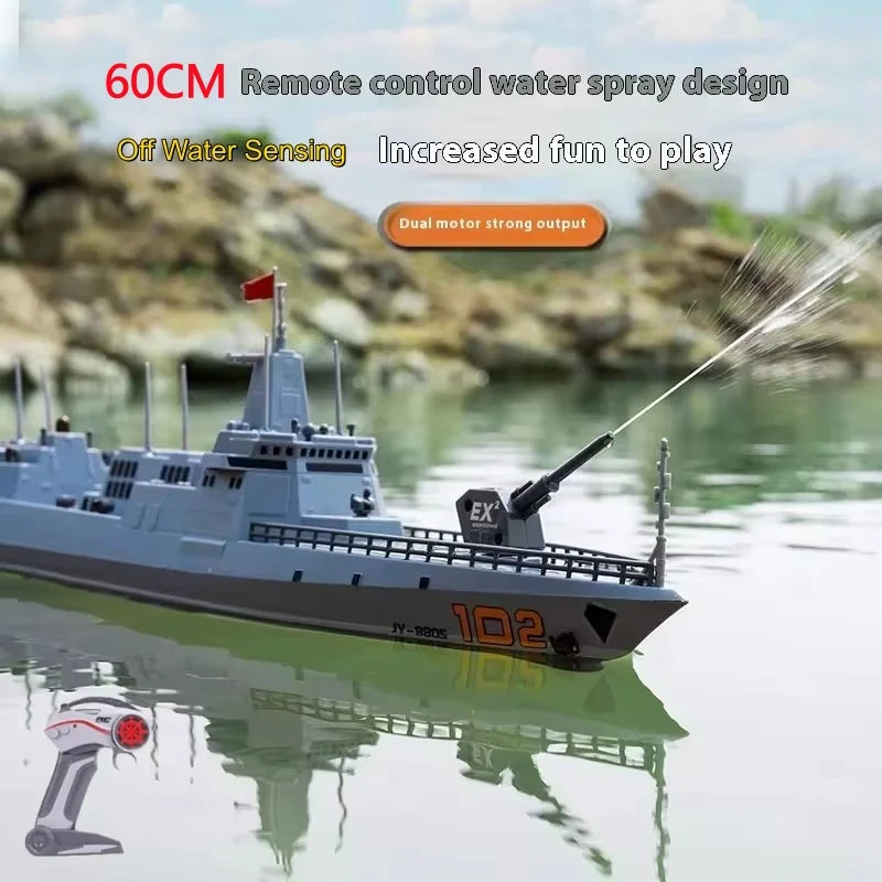 60CM Large RC Ship Simulation Destroyer Model Summer Water Spray Outdoor Toy For Kid Long Range Remote Control Ship Boy Gift