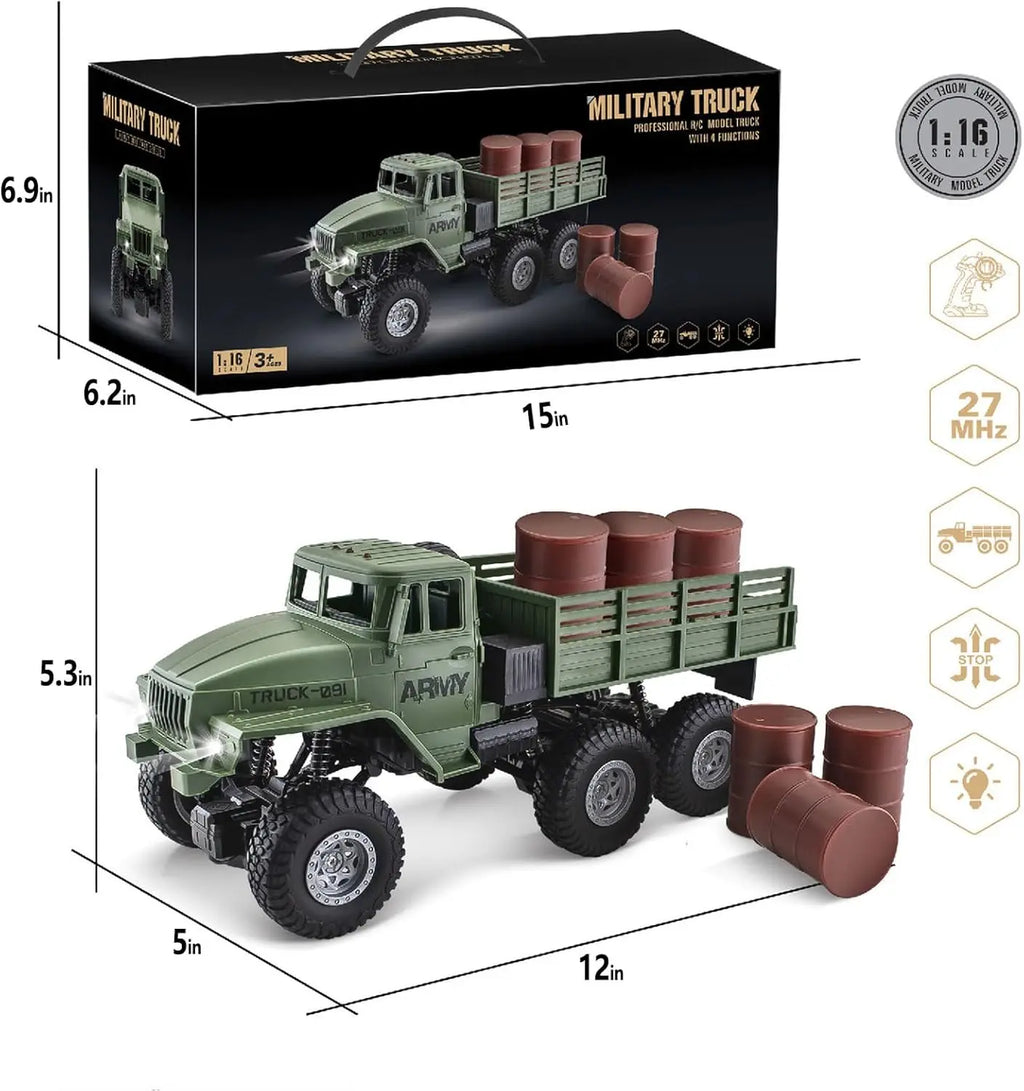 RC Military Truck 6x6 Road Remote Control Car 1/16 Scale Remote Control Truck 4WD All Terrain Rock Army Transport Vehicle Toy Ve