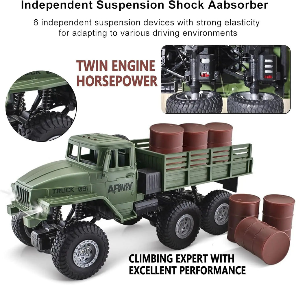 RC Military Truck 6x6 Road Remote Control Car 1/16 Scale Remote Control Truck 4WD All Terrain Rock Army Transport Vehicle Toy Ve