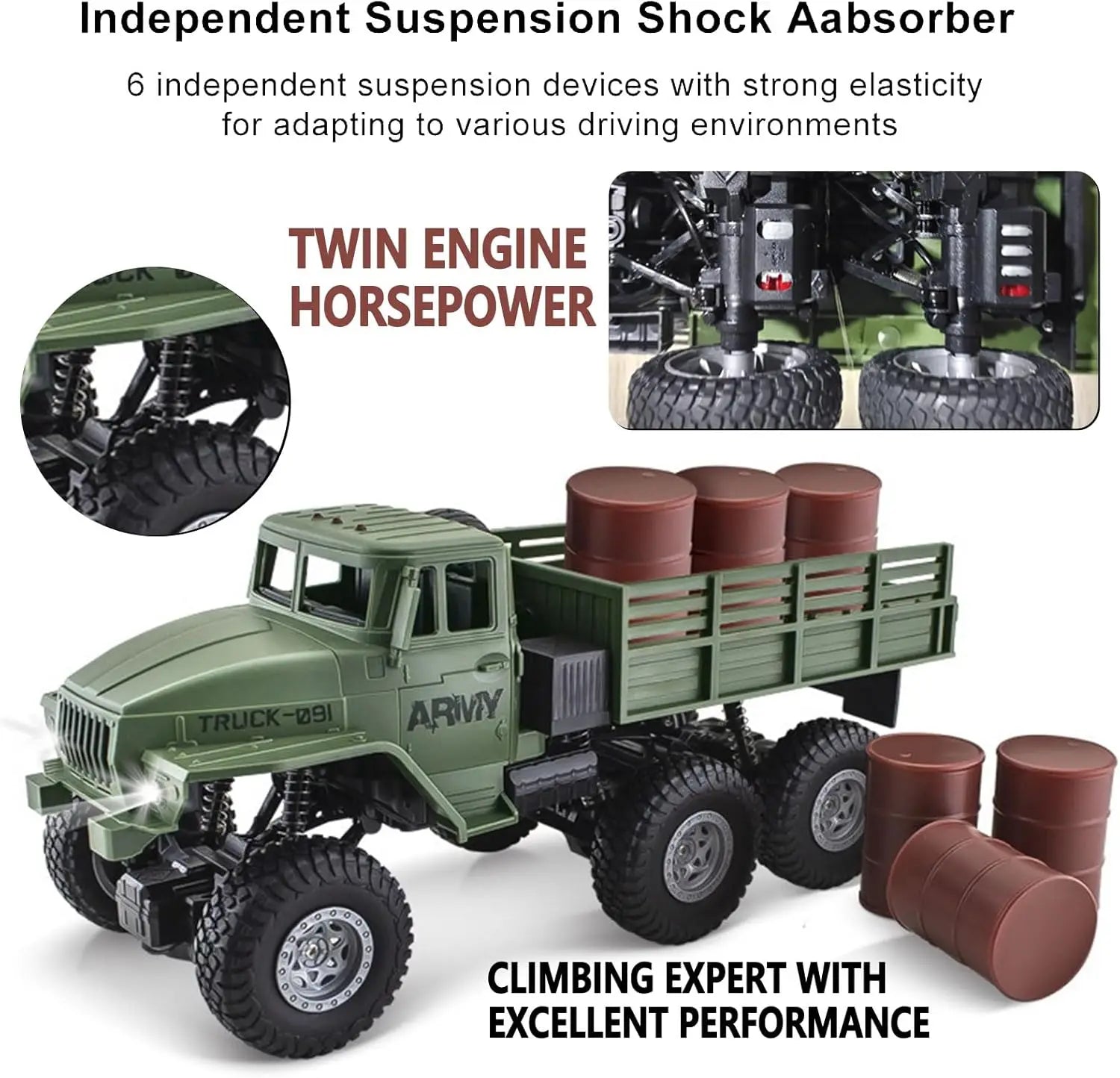 RC Military Truck 6x6 Road Remote Control Car 1/16 Scale Remote Control Truck 4WD All Terrain Rock Army Transport Vehicle Toy Ve