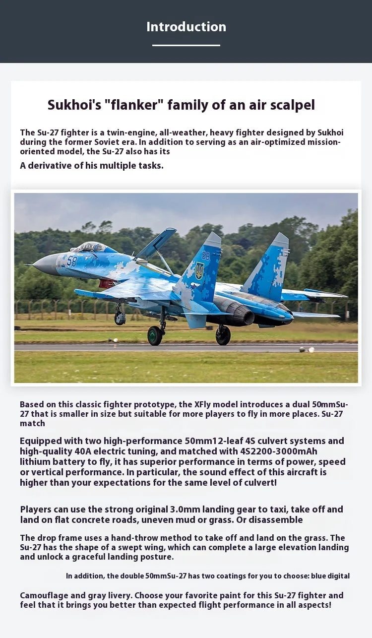 Xfly Double 50mm Su27 Twin Engine Jet Fighter Rc Plane Remote Control Assembly Fixed Wing Model