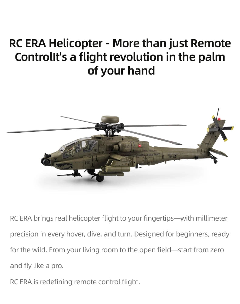 RC Helicopter C170 1:48 RC ERA Apache Remote Control Armed Helicopter Optical Flow Positioning 6CH Brushless Aircraft Model Toy