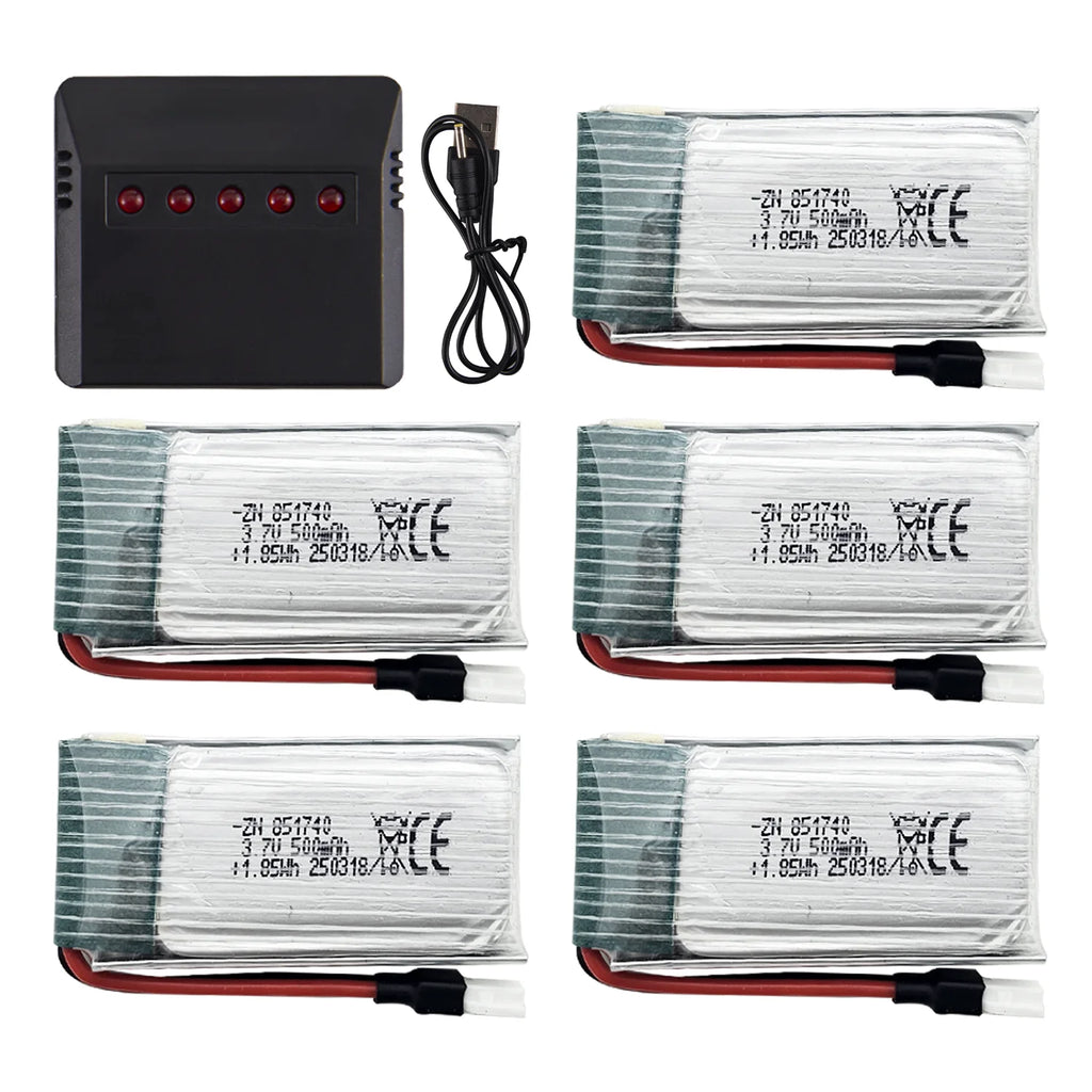 5Pcs 3.7V 500mAh LiPo Batteries with five-port USB Charger, Rechargeable Battery Pack for 2.4gHz RC Plane/Drones/Quadcopters