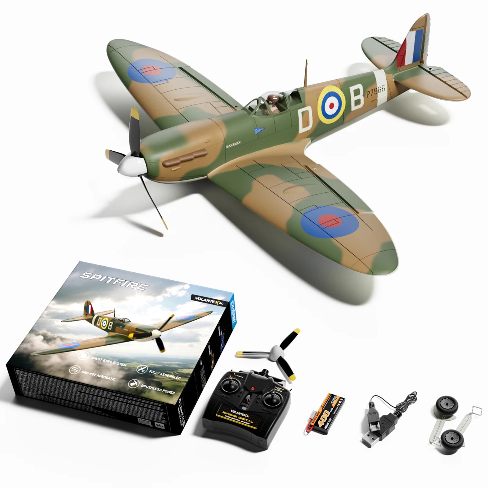 Volantex RC 500mm Spitfire 768-5 Ready to Fly RTF RC Plane Warbird with Brushless motor, 2.4G Transmitter & Receiver, Battery