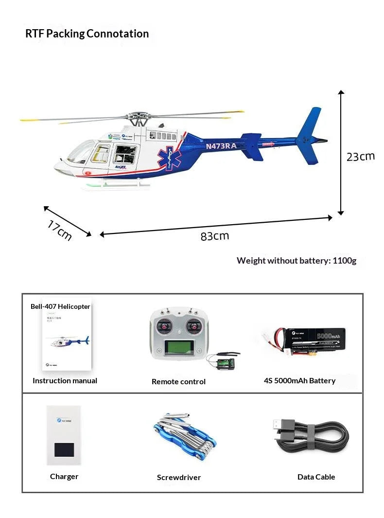 New Bell 407 Rc Helicopter Flywing 470 Scale Brushless RC Plane 4 Propellers 10CH With 4S 5000mAh RC Airplane Model Adults Gifts