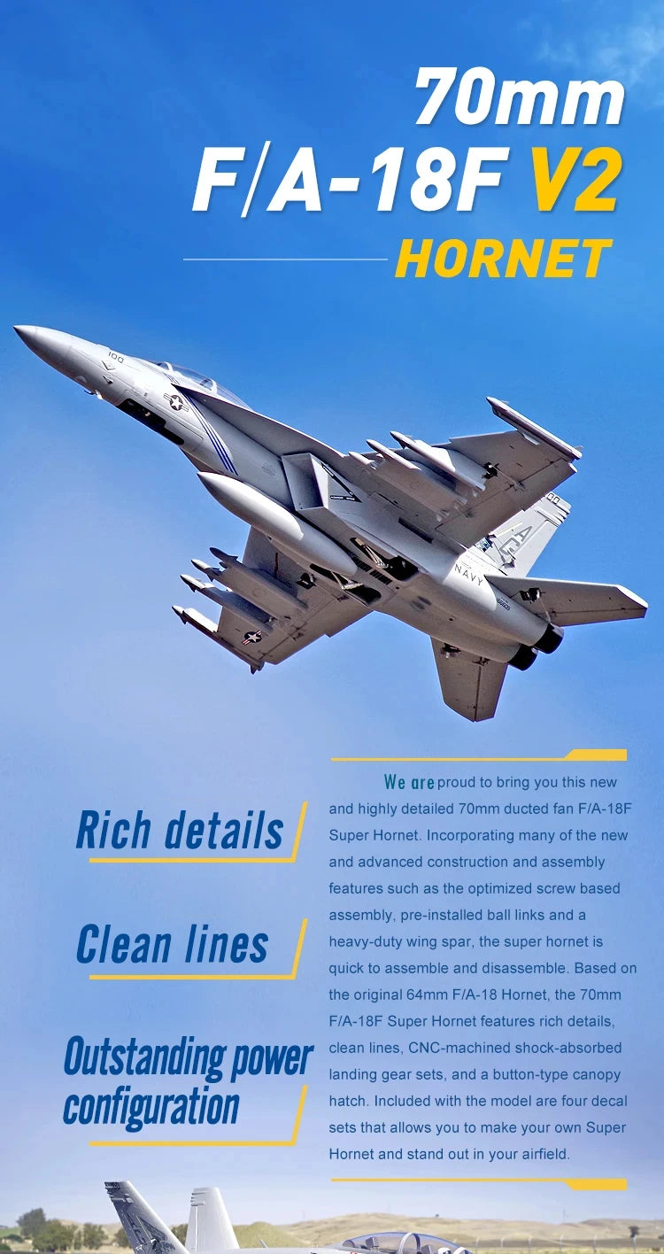 FMSRC RC Airplane 70mm F18 F/A-18F Super Hornet V2 Ducted Fan EDF Jet Scale Model Plane Aircraft PNP 6S 6CH with Retracts Flaps