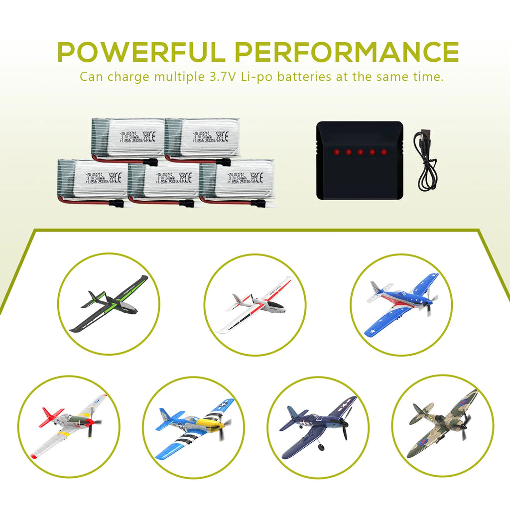 5Pcs 3.7V 500mAh LiPo Batteries with five-port USB Charger, Rechargeable Battery Pack for 2.4gHz RC Plane/Drones/Quadcopters