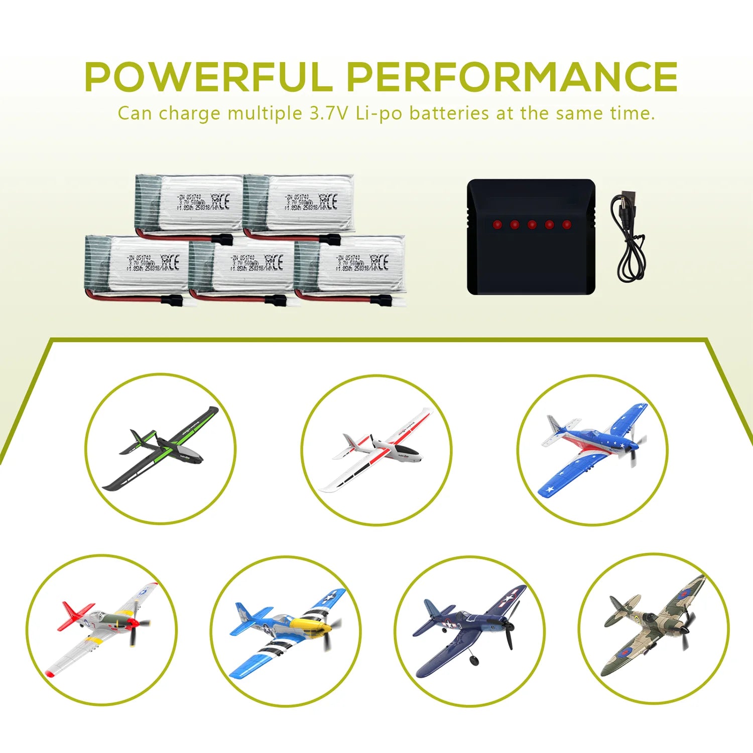 5Pcs 3.7V 500mAh LiPo Batteries with five-port USB Charger, Rechargeable Battery Pack for 2.4gHz RC Plane/Drones/Quadcopters