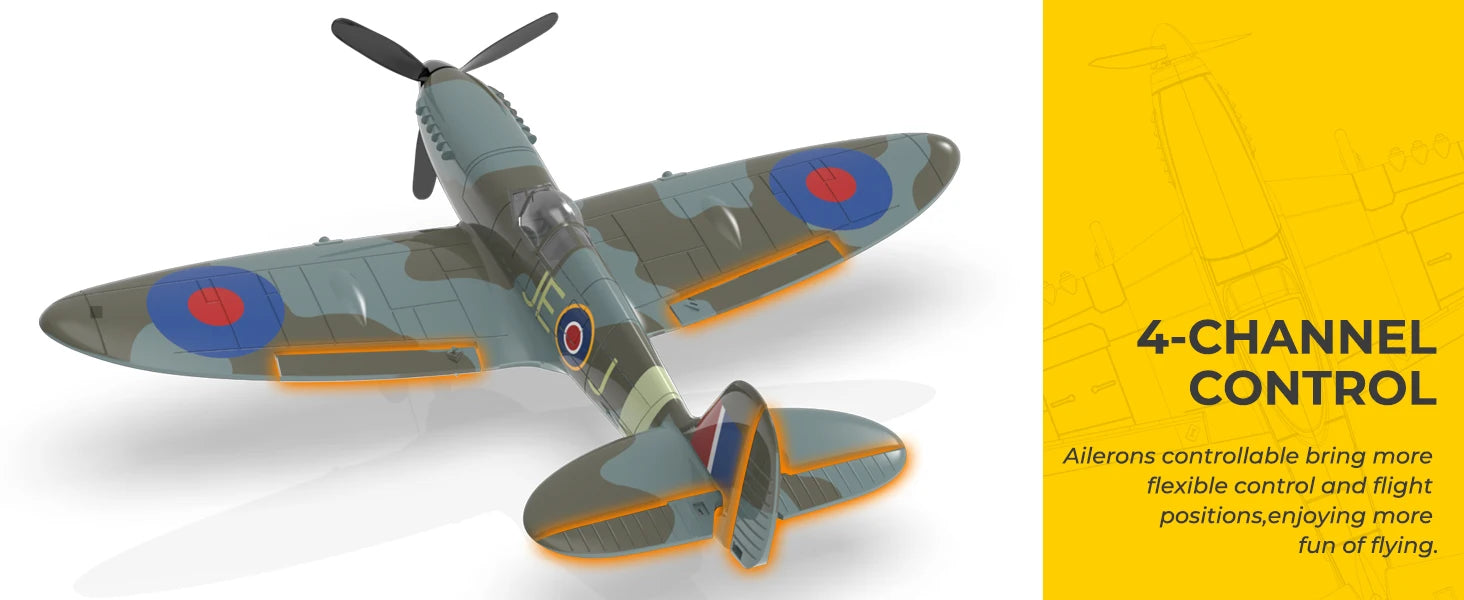 VOLANTEXRC Spitfire RC Plane - 4CH with Gyro, 3 Modes, 2 Batteries, 656ft Range, Ready to Fly for Beginners & Adults
