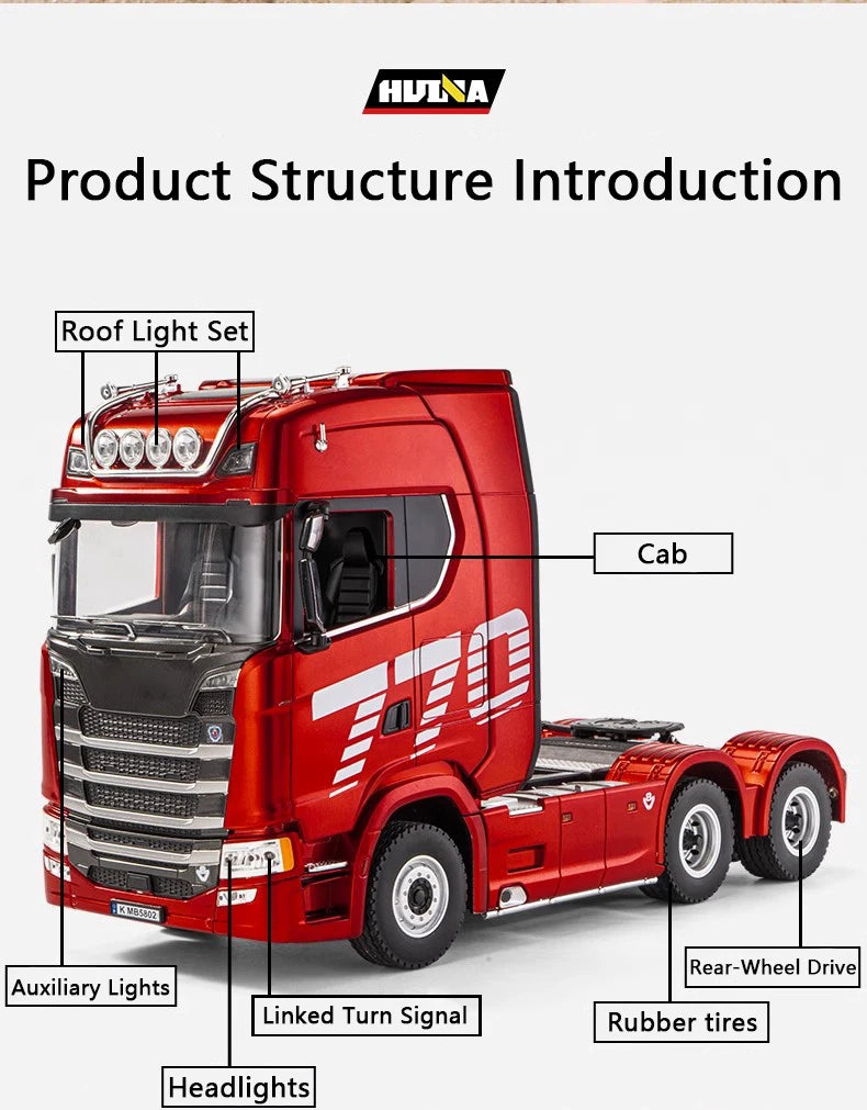 HUINA 1/18 19CH RC Truck 1501 770S Scania Alloy Tractor 2.4G Remote Control Engineering Trailer Truck with Light and Sound Toys