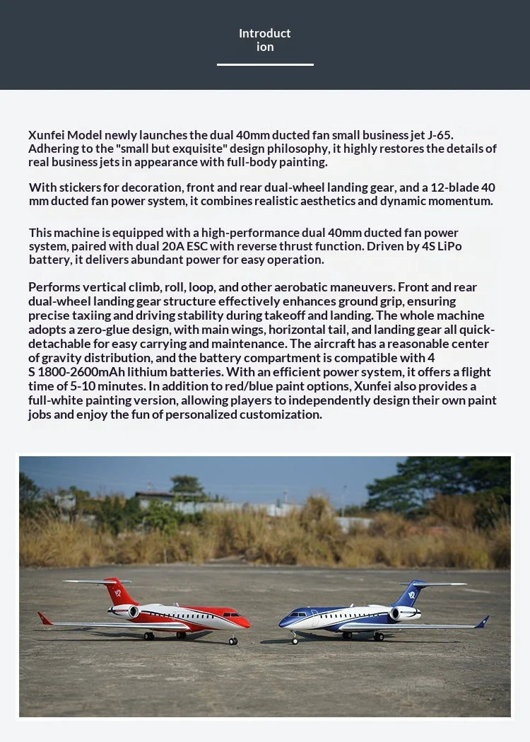 In Stock Xfly Electric Rc Airplane Dual 40mm-J65 Business Jet Fixed Wing Outdoor Scale Model For Adult Rc Hobby Enthusiasts