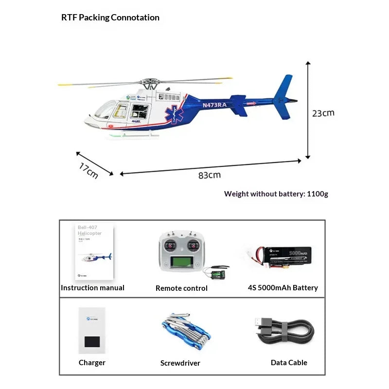 New Bell 407 Rc Helicopter Flywing 470 Scale Brushless RC Plane 4 Propellers 10CH With 4S 5000mAh RC Airplane Model Adults Gifts