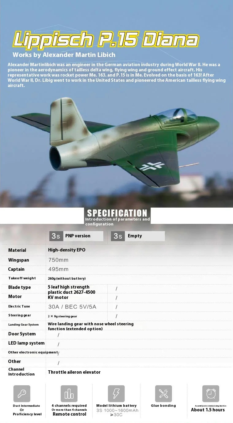 Freewing 64mm P.15 Jet Ducted Single Engine Rc Plane Assembled Fixed Wing Model 750mm Wingspan Training Aircraft