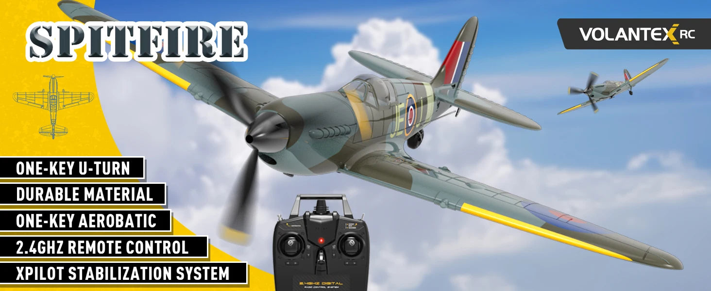 VOLANTEXRC Spitfire RC Plane - 4CH with Gyro, 3 Modes, 2 Batteries, 656ft Range, Ready to Fly for Beginners & Adults