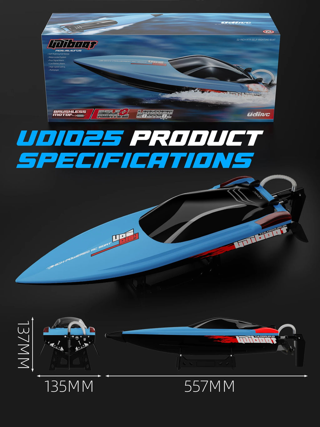 UDIRC High-Speed RC Racing Boat UDI025 Brushless Motor Self-Righting & Waterproof Hull for Lake, Pool, Outdoor Water Funll