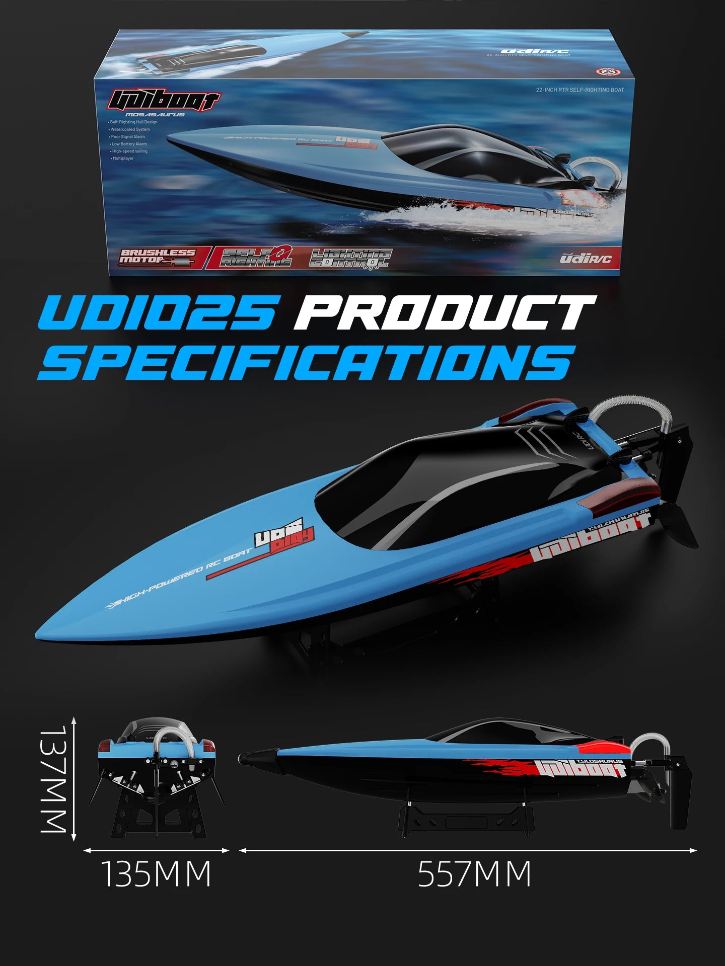UDIRC High-Speed RC Racing Boat UDI025 Brushless Motor Self-Righting & Waterproof Hull for Lake, Pool, Outdoor Water Funll
