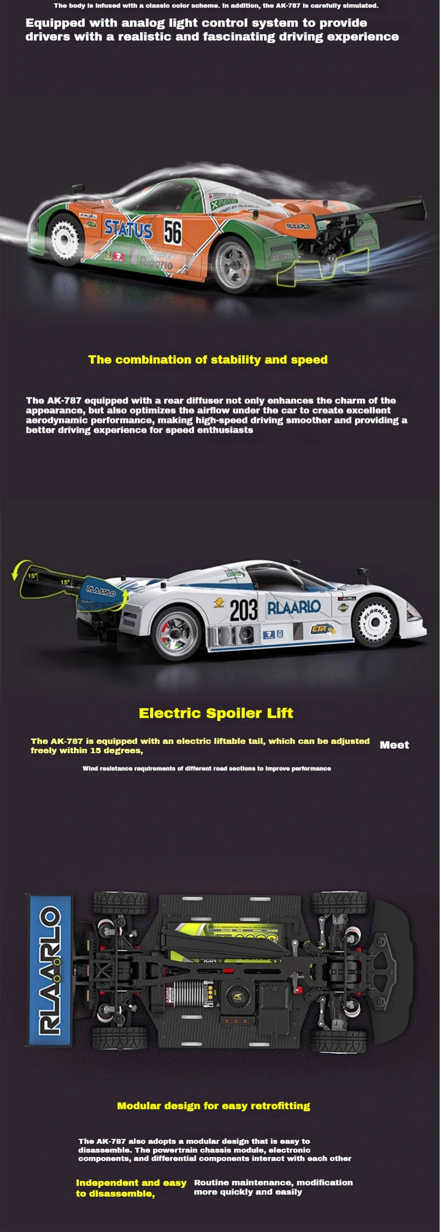 RLAARLO RC Cars AK-787 Flat Sports Car 1:10 Carbon Fiber Brushless Electric Professional Speed Racing Simulation Model Car Gift